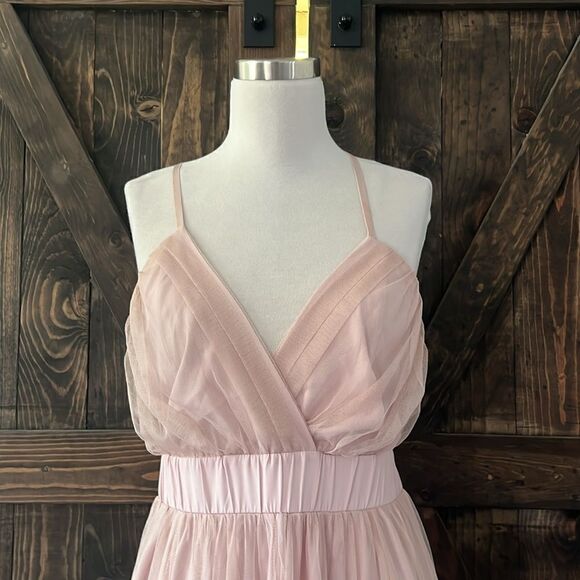 Tulle Pink Mesh Lace Dress, Elegant V-Neck Evening Dress, Autumn Winter Sexy - Picture 3 of 14